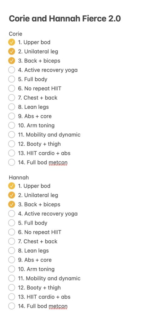 A list of workouts